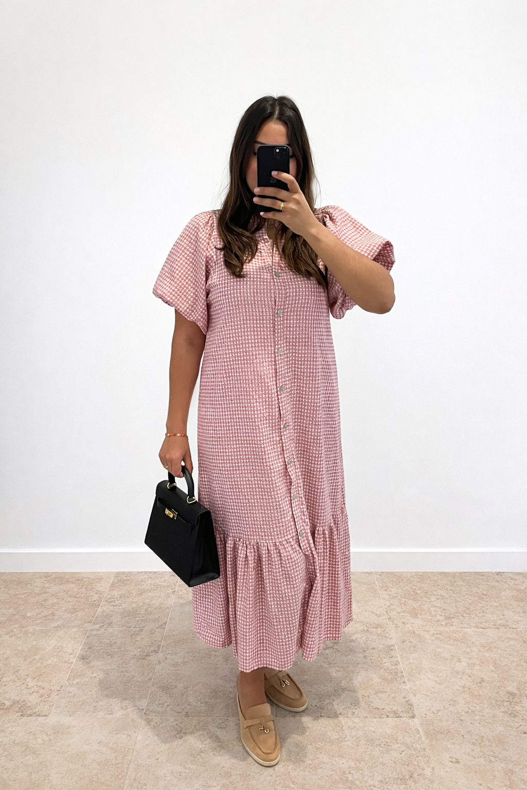 Robe Manche Bouffante à Petits Carreaux