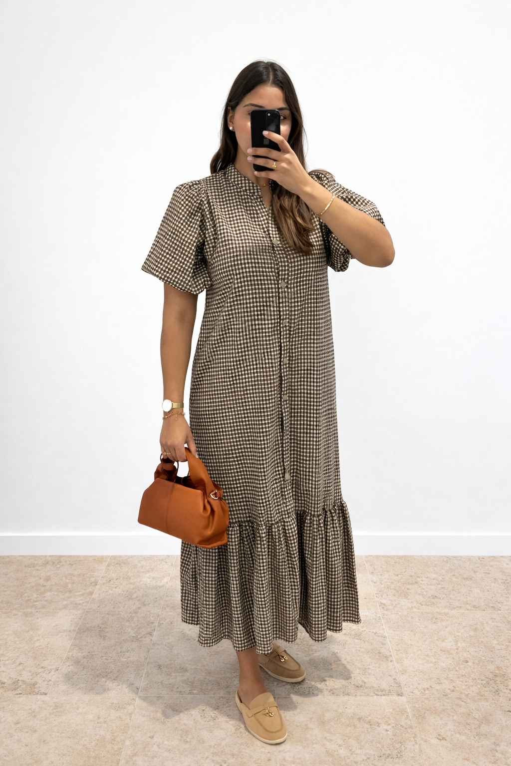 Robe Manche Bouffante à Petits Carreaux